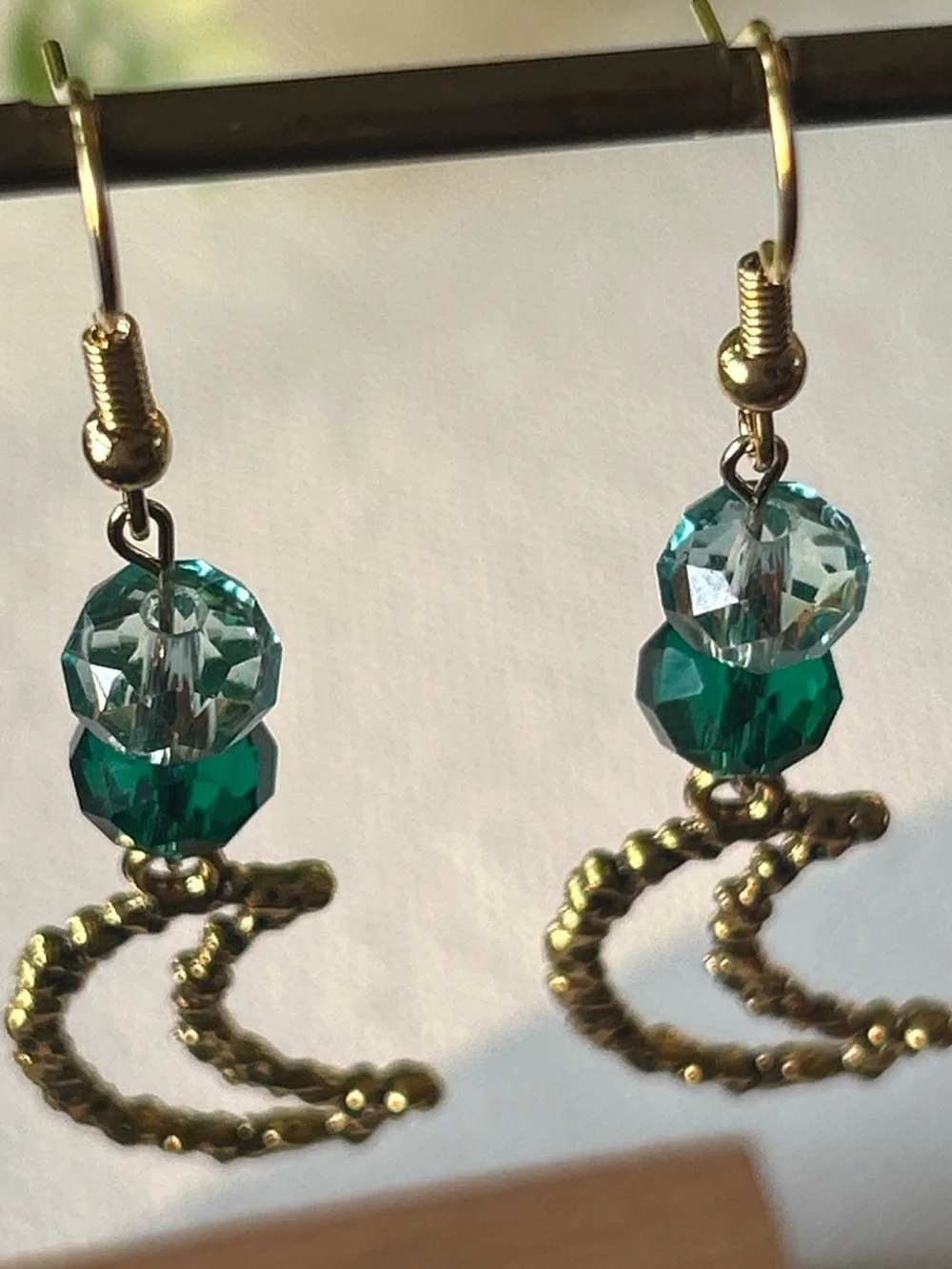 Gold Crescent Moon Dangle Earrings with Teal and Aqua Beads
